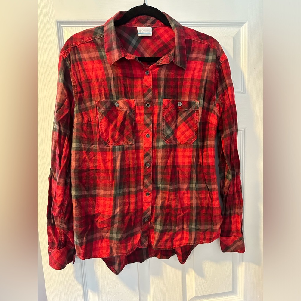 Columbia Women’s Red and Gray Soft Cotton/Viscose Plaid Flannel, Size L